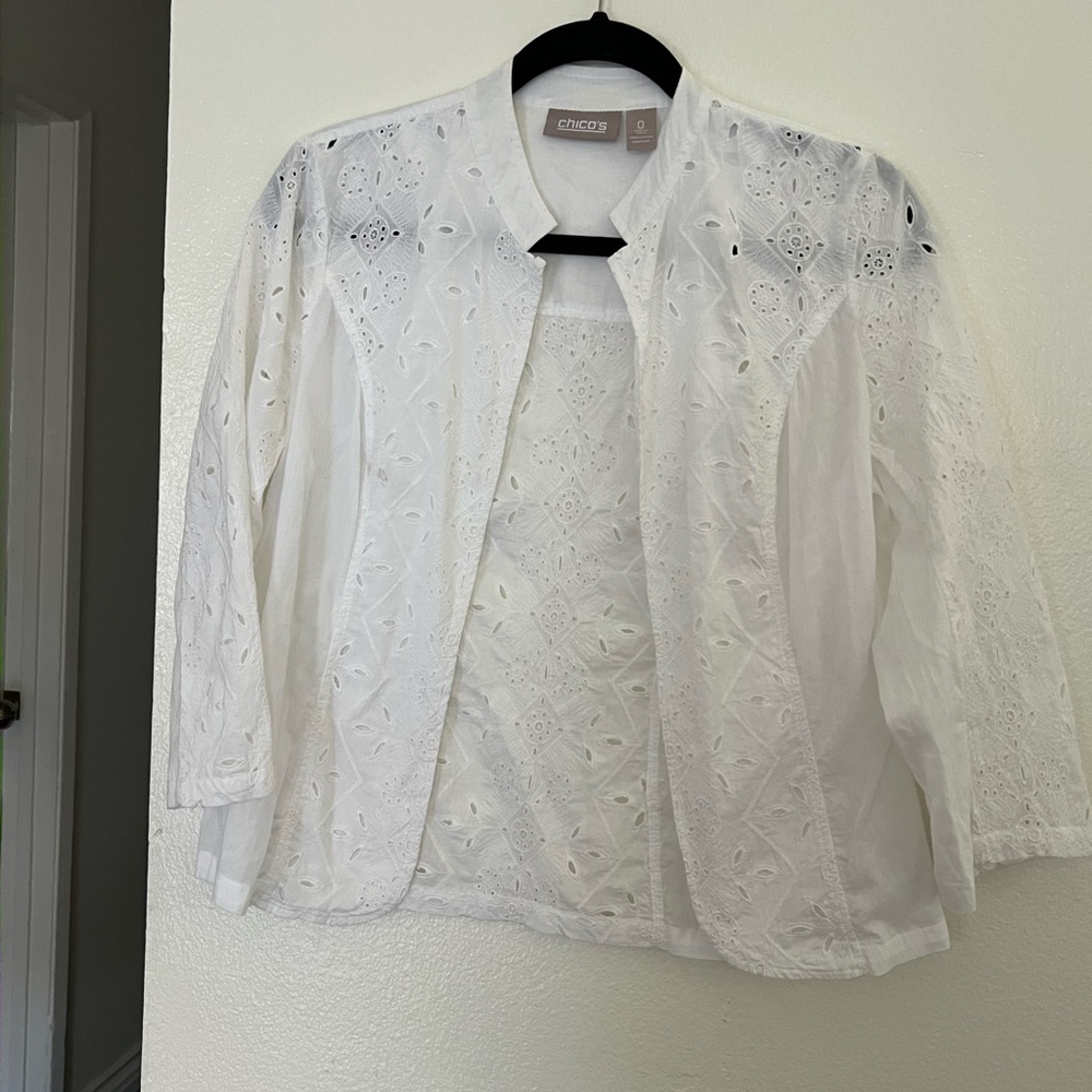Chico's White Eyelet Open Cardigan